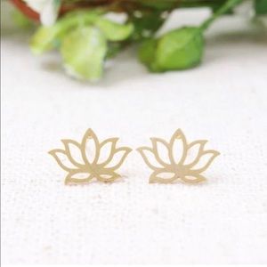 Gold Tone Lotus Flower Stud Earrings - Boho Style Jewelry - Yoga and Meditation